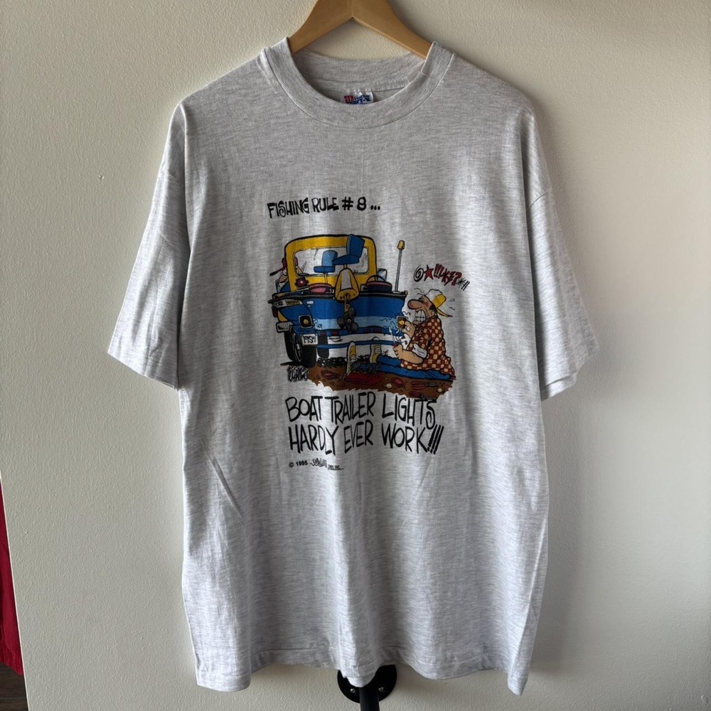 Fruit of the Loom Light Gray Short-Sleeve Tee with Fishing Cartoon